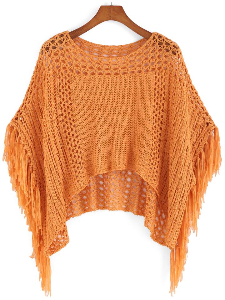 Romwe With Tassel Hollow Knit Sweater