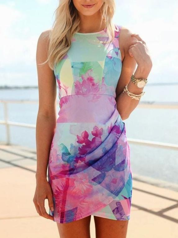 Romwe Blue Sleeveless Floral Print Dress
