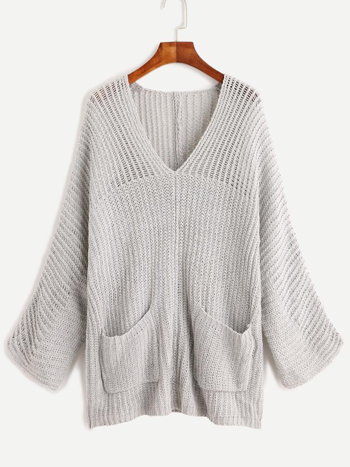 Romwe Grey V Neck Hollow Out Sweater With Pockets