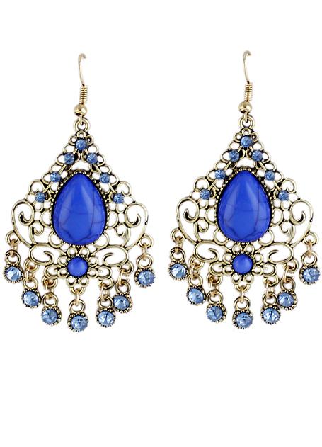 Romwe Blue Gemstone Gold Hollow Dangle Earrings