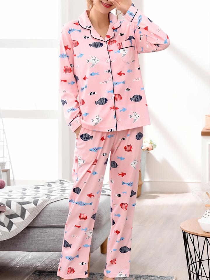 Romwe Contrast Binding Fish Print Shirt & Pants Pj Set