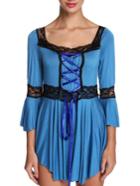 Romwe Square Neck Bell Sleeve Lace Insert Blue Blouse
