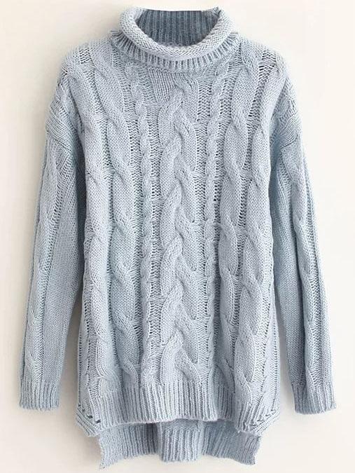 Romwe Blue Cable Knit Roll Neck Dip Hem Sweater