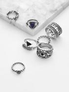 Romwe Gemstone Embellished Hollow Ring Set 7pcs