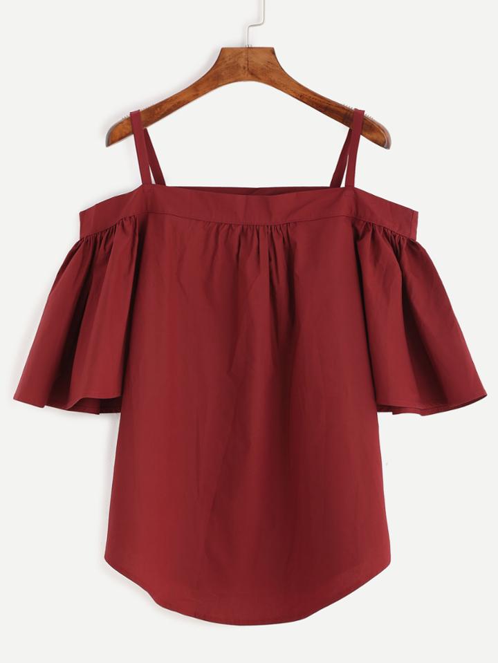 Romwe Burgundy Cold Shouler Ruffle Sleeve Blouse