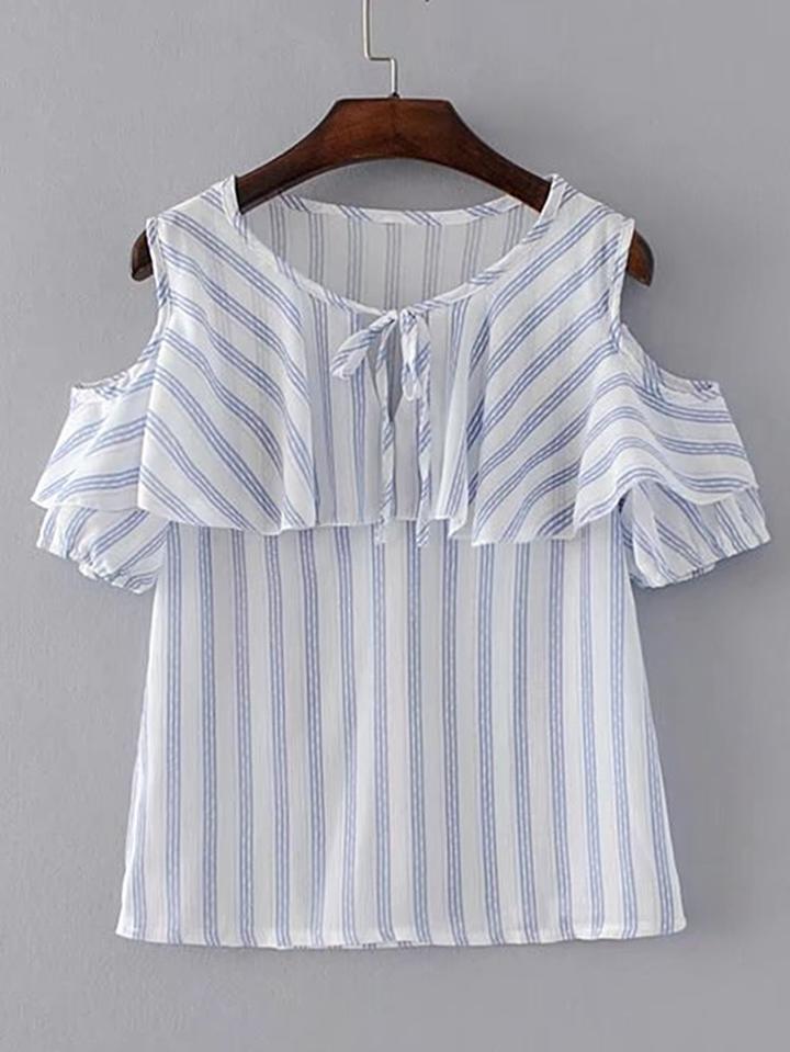 Romwe Tie Neck Open Shoulder Vertical Striped Top