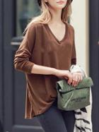 Romwe Coffee V Neck Loose T-shirt