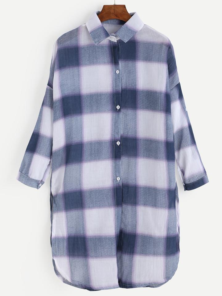 Romwe Plaid Drop Shoulder Slit Side Shirt