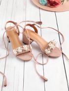 Romwe Faux Pearl And Studded Decorated Lace Up Sandals