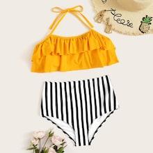 Romwe Flounce Top With Random Striped High Waist Bikini Set