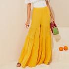 Romwe Elastic Waist Layered Ruffle Hem Super Wide Leg Pants