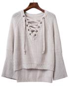 Romwe Grey V Neck Lace Up Raglan Sleeve Sweater