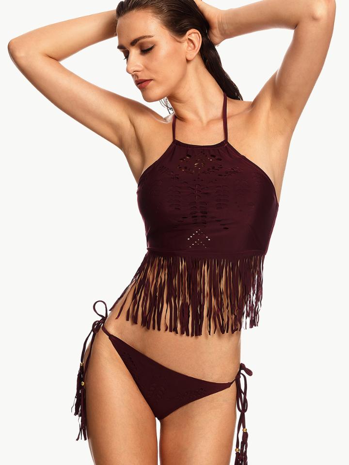 Romwe Burgundy Halter Laser Cut Fringe Side-tie Bikini Set