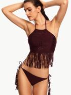 Romwe Burgundy Halter Laser Cut Fringe Side-tie Bikini Set