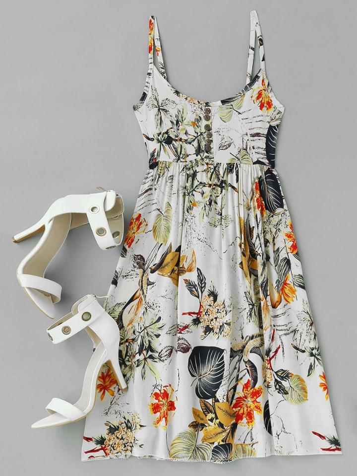 Romwe Palm Leaf Random Button Front Cami Dress