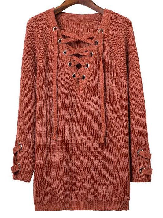 Romwe Brown Eyelet Lace Up V Neck Knit Dress