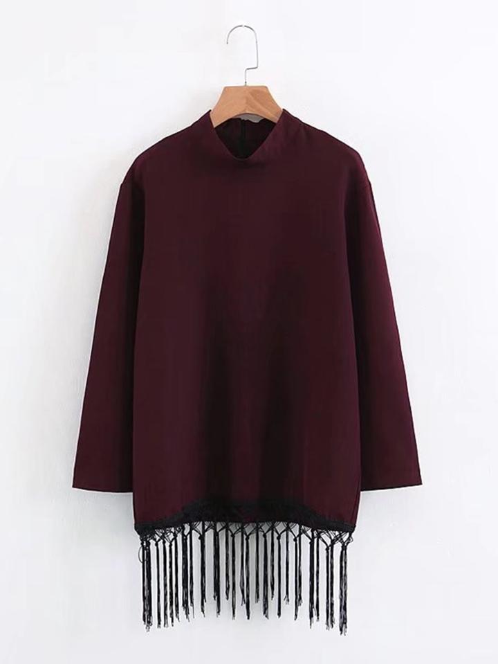 Romwe Mock Neck Fringe Hem Dress