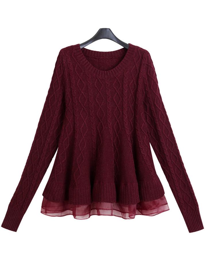 Romwe Red Round Neck Diamond Pattern Peplum Hem Sweater