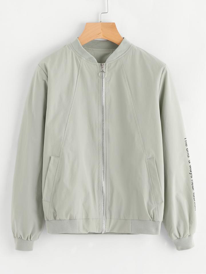 Romwe Slogan Print Taped Detail Zip Up Baseball Jacket