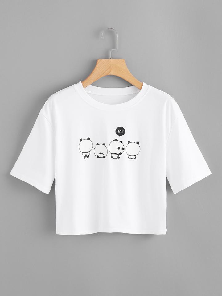 Romwe Panda Print Crop Tee