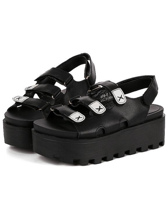 Romwe Black Thick-soled Vintage Pu Sandals