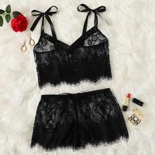 Romwe Eyelash Lace Tie Shoulder Cami Top With Shorts