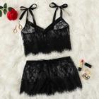 Romwe Eyelash Lace Tie Shoulder Cami Top With Shorts