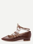 Romwe Brown Faux Leather Square Toe Lace Up Flats