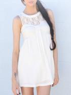 Romwe Lace Insert Draped High-waist Sleeveless Dress - White
