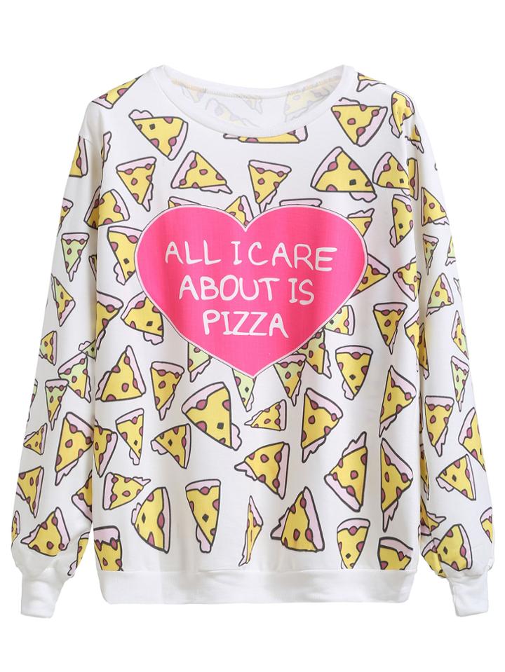 Romwe White Pizza And Slogan Print Sweatshirt