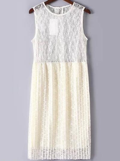 Romwe Sleeveless Lace Pleated Beige Dress
