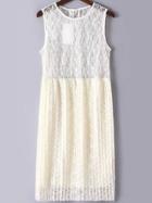 Romwe Sleeveless Lace Pleated Beige Dress