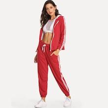 Romwe Stripe Contrast Side Hooded Jacket & Pants