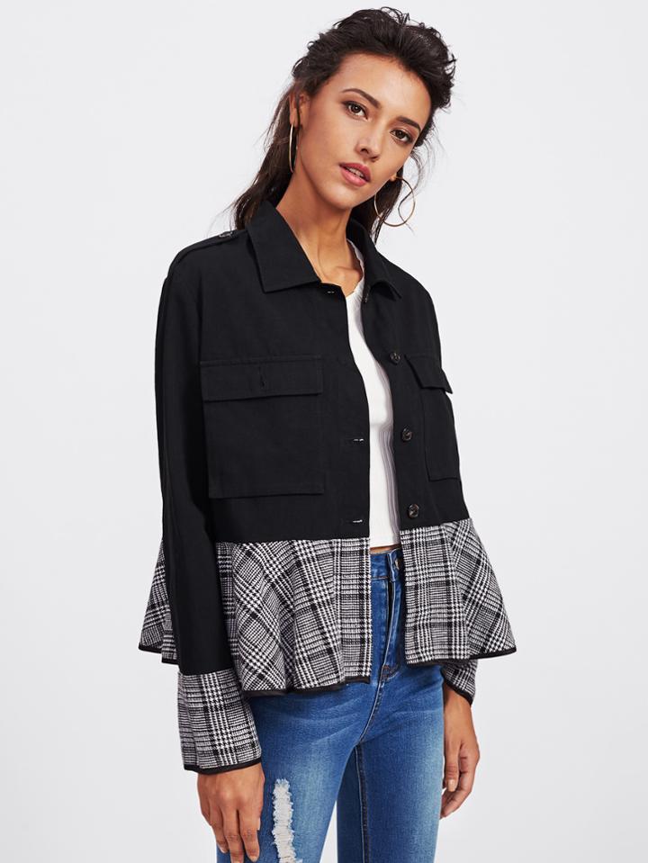 Romwe Houndstooth Plaid Ruffle Trim Jacket