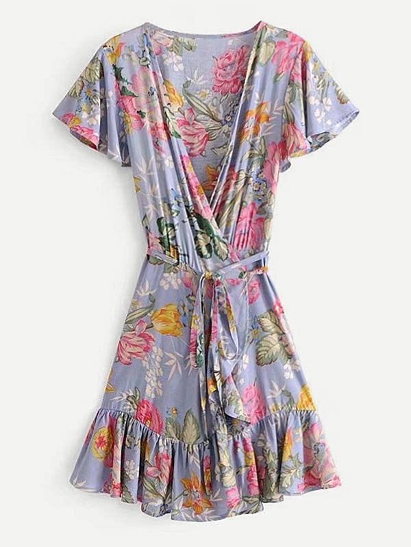 Romwe Butterfly Sleeve Self Tie Surplice Floral Dress