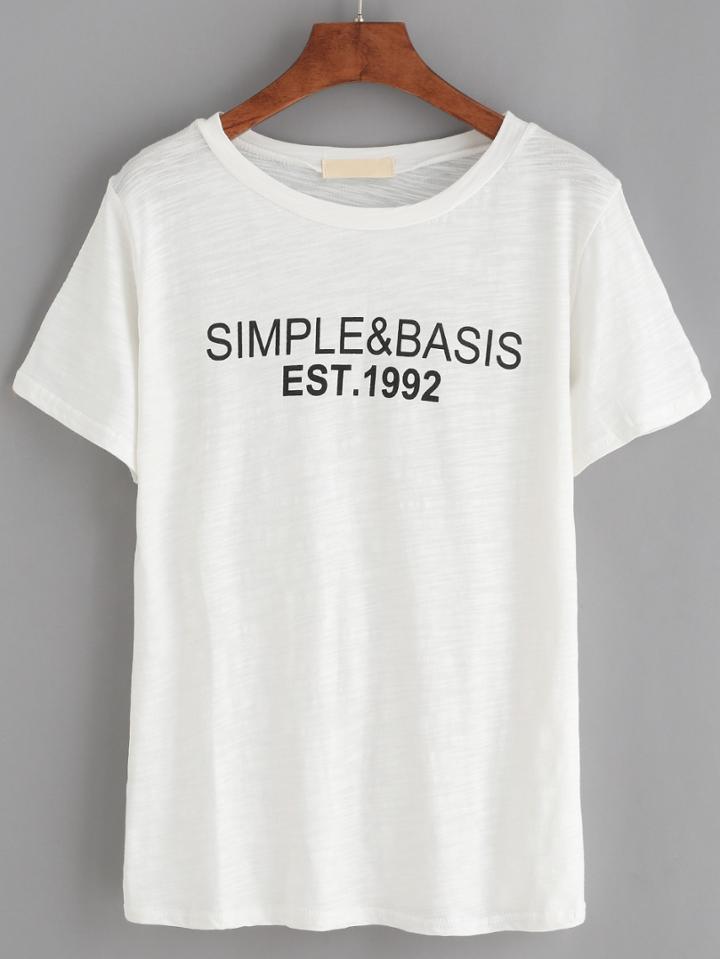 Romwe White Letter Print Slub T-shirt