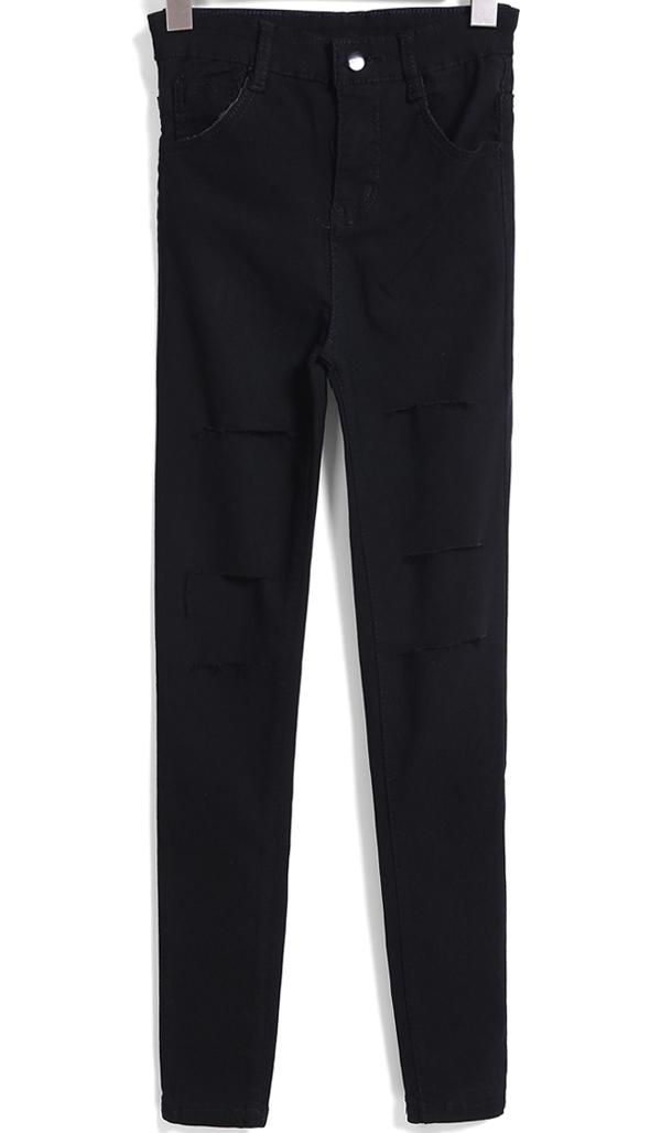 Romwe Black Pockets Cut-out Denim Pant