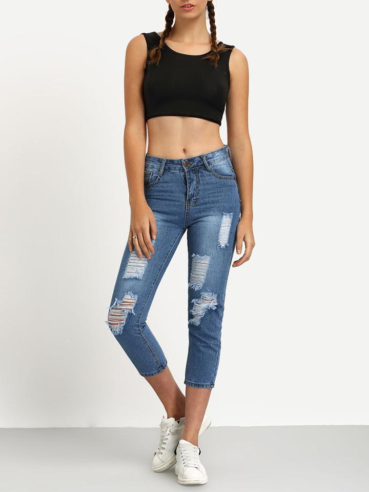 Romwe Blue Ripped Denim Slim Pant
