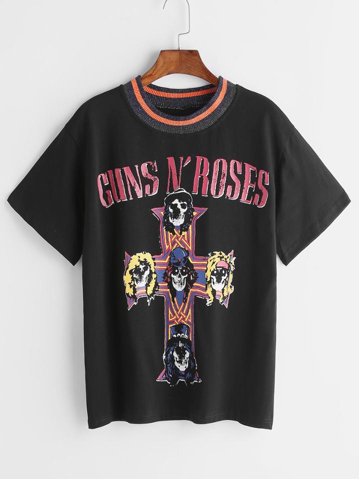 Romwe Black Printed Contrast Ribbed Trim T-shirt