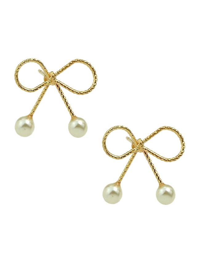 Romwe Gold Pearl Bow Stud Earrings