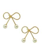 Romwe Gold Pearl Bow Stud Earrings