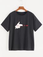 Romwe Gun Shaped Hand Patch And Heart Embroidered T-shirt
