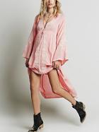 Romwe Deep V Neck Embroidered High Low Pink Dress