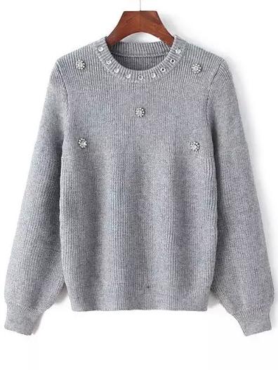 Romwe Lantern Sleeve Beaded Grey Sweater