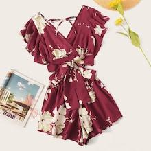 Romwe Floral Print Knot Hem Butterfly Sleeve Top With Shorts