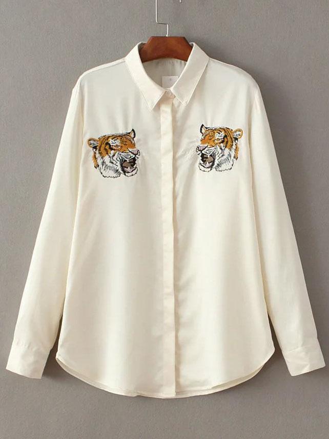 Romwe Beige Tiger Embroidery Hidden Button Blouse