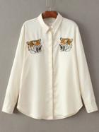 Romwe Beige Tiger Embroidery Hidden Button Blouse