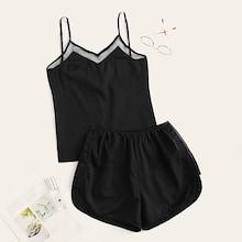 Romwe Contrast Mesh Cami Pj Set