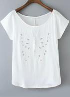 Romwe Butterfly Embroidered Hollow White T-shirt