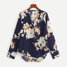 Romwe V-placket Curved Hem Floral Blouse